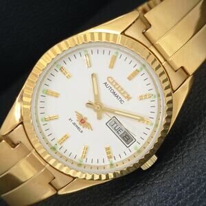 Vintage 1987 Citizen Automatic Mens Gold Watch W/daydate & White accents